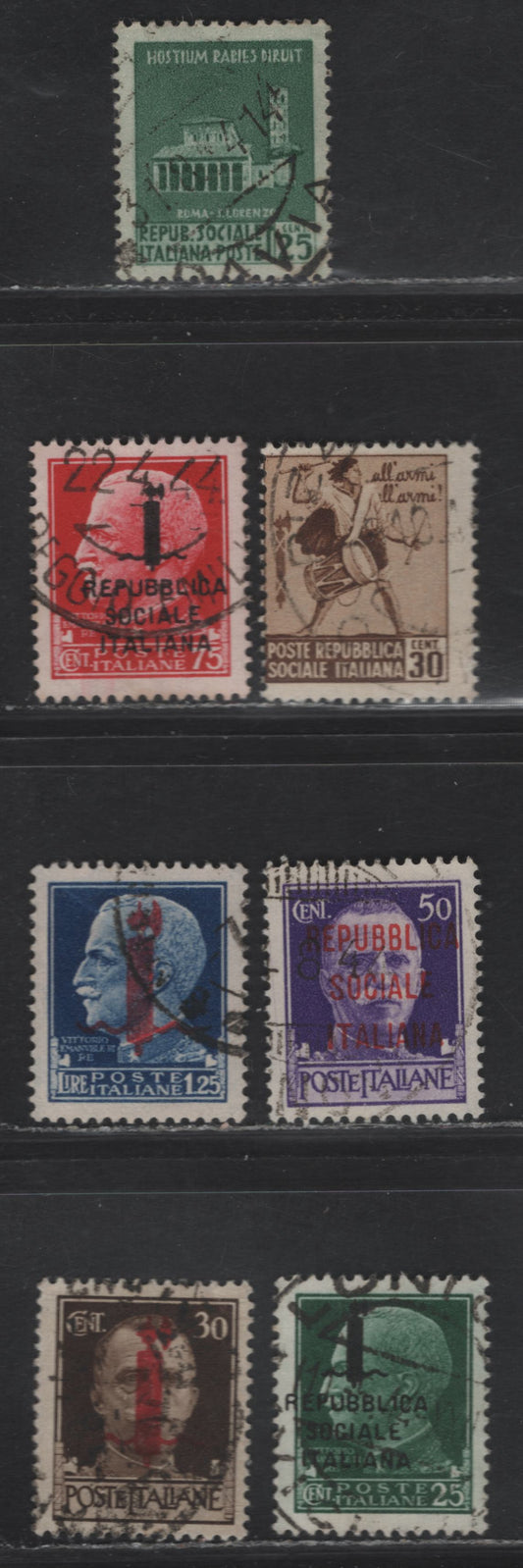 Lot 331 Italian Social Republic SC#1-5, 19-20 25c-1.25L Deep Green - Brown Victor Emmanuel III - Drummer Boy, 1944 Overprinted Photogravure Definitives - Pictorial Issue, 7 Fine & VF Used Singles