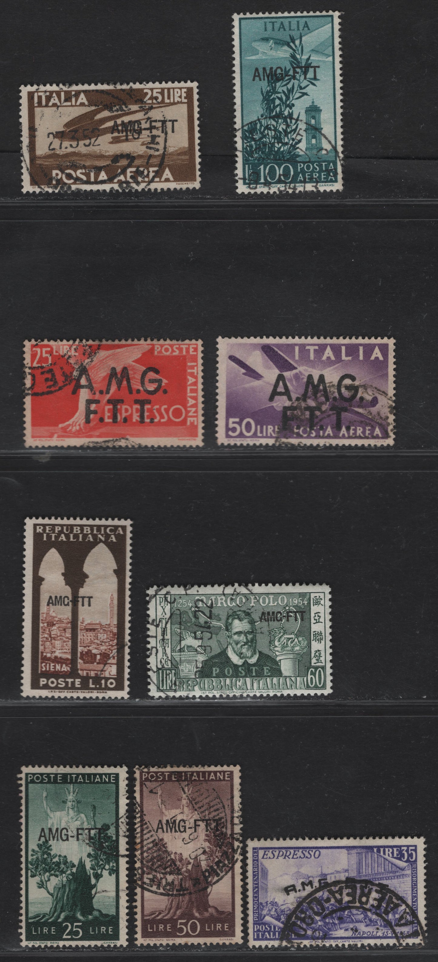 Lot 341 Italy - Trieste SC#67-68, 188, 203, C6, C21, C23, E5, E2 10L-100L Brown & Dark Brown - Blue Green Siena - Eagle, 1947-1954 Reconstruction Definitive Issue - Special Delivery Issue, 9 Fine & VF Used Singles
