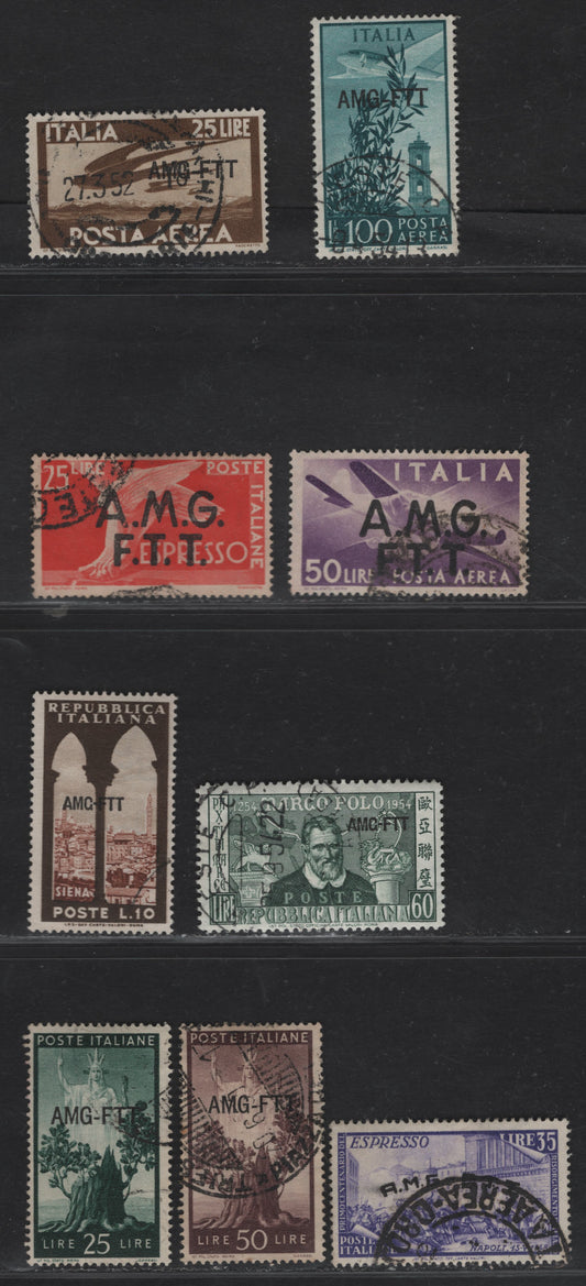Lot 341 Italy - Trieste SC#67-68, 188, 203, C6, C21, C23, E5, E2 10L-100L Brown & Dark Brown - Blue Green Siena - Eagle, 1947-1954 Reconstruction Definitive Issue - Special Delivery Issue, 9 Fine & VF Used Singles