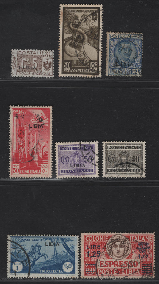 Lot 347 Libya SC#63, C34, C26-C27, E11a, J17-J18, Q1 1.25l-5c Dark Blue-Brown Victor Emmanuel III - Numeral & Arms, 1926-1938 Victor Emmanuel III Keyplates - Parcel Post Issue, 8 Fine & VF Used Singles
