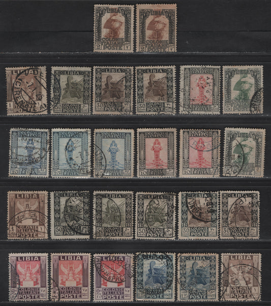 Lot 349 (C) Libya SC#21/57 2c-1L 1921-1940 Pictorial Definitive Issue, 26 VG-VF Used Singles Watermarked & Unwatermarked, Perf. 14, & 14 x 13.25, With Shade Variations, Minor Toning On Some, 1L Watermarked Thinned and Not Counted