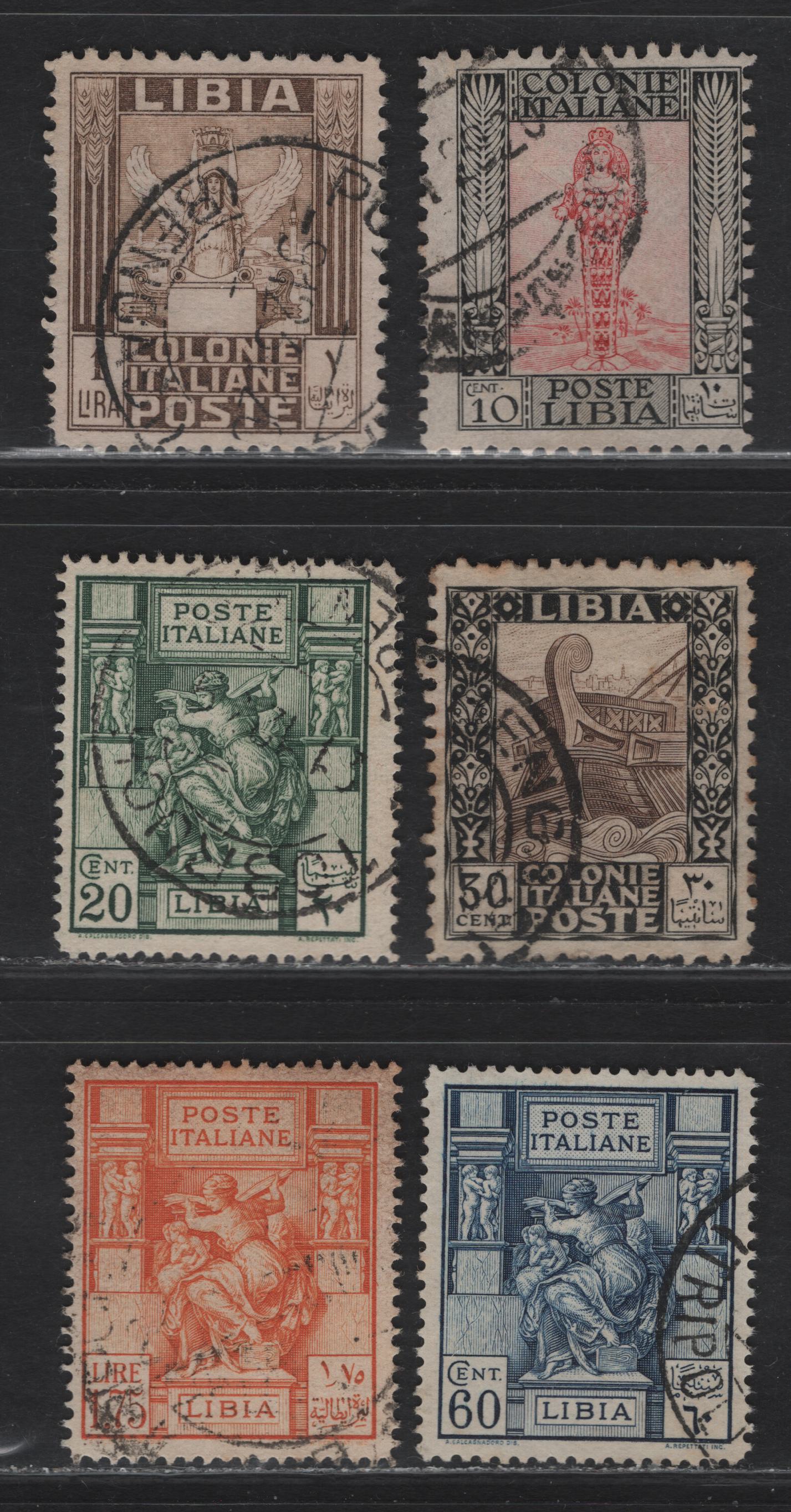 Lot 351 (C) Libya SC#39, 41, 42, 51a, 54a, 58a 20c-1.75L Green-Orange Libyan Sibyl-Victory, 1924-1940 Pictorial Definitive Issue, 6 Fine & VF Used Singles Unwatermarked, Perf 14.5 x 14, & 11