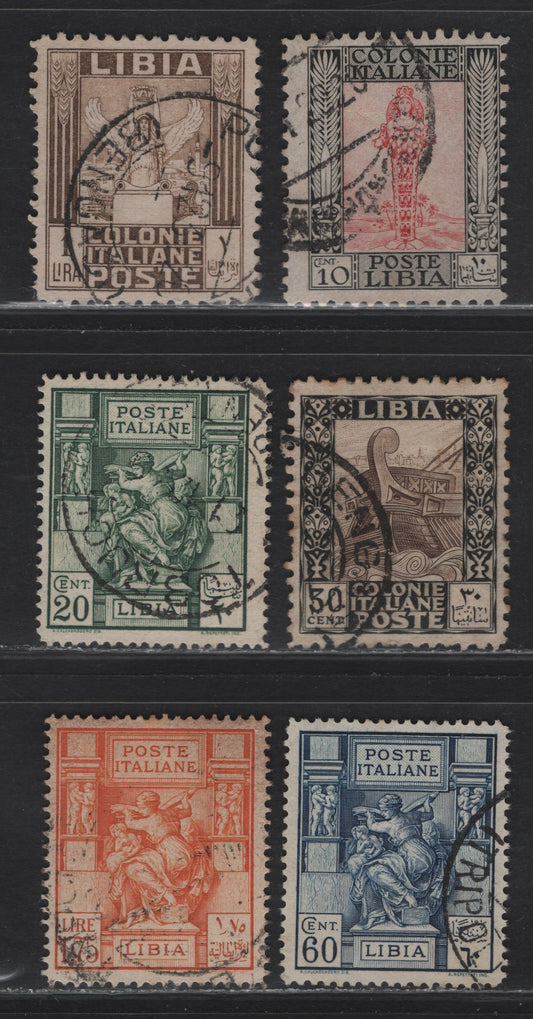 Lot 351 (C) Libya SC#39, 41, 42, 51a, 54a, 58a 20c-1.75L Green-Orange Libyan Sibyl-Victory, 1924-1940 Pictorial Definitive Issue, 6 Fine & VF Used Singles Unwatermarked, Perf 14.5 x 14, & 11
