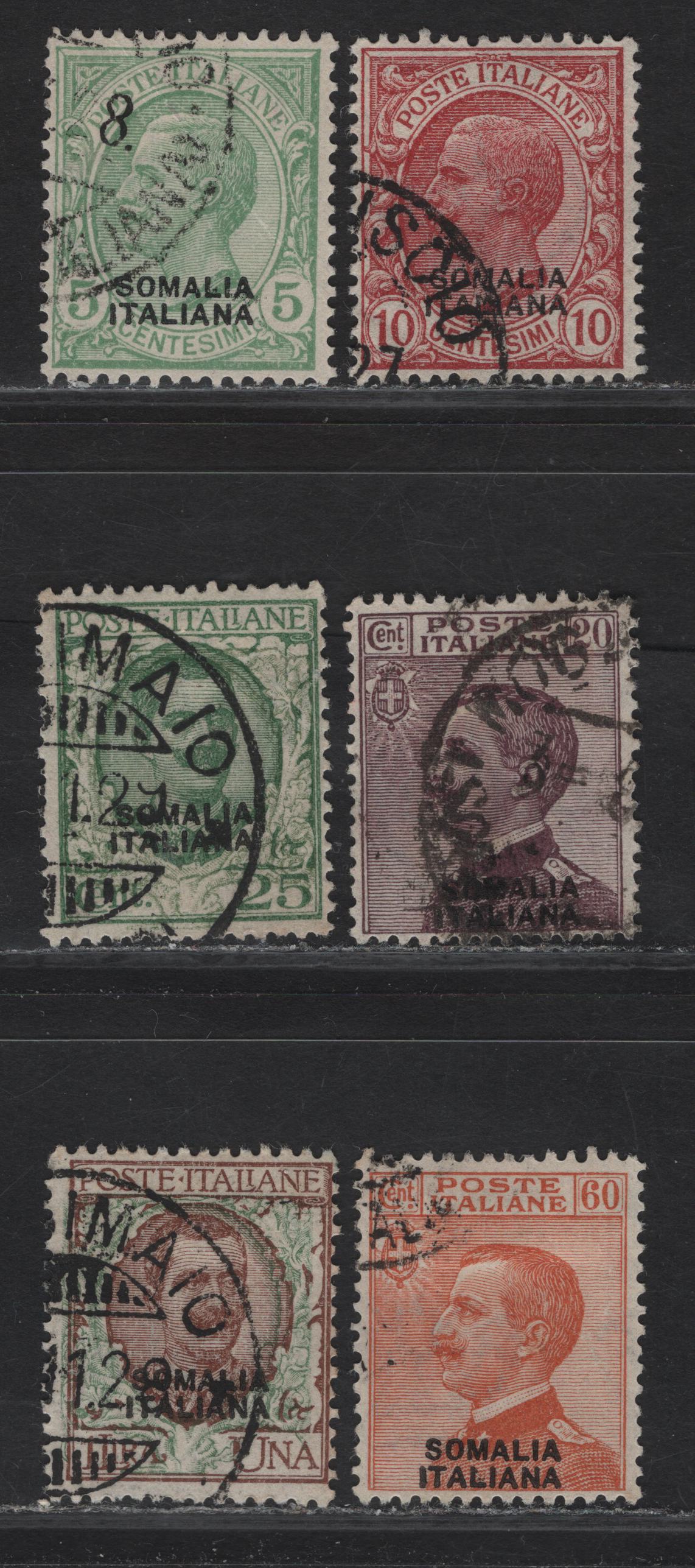 Lot 353 Somalia SC#84-87, 89, 91 5c-1L Green-Brown & Green Victor Emmanuel III , 1926-1930 Overprinted Victor Emmanuel Keyplate Issue, 6 Fine & VF Used Singles