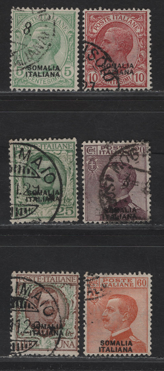 Lot 353 Somalia SC#84-87, 89, 91 5c-1L Green-Brown & Green Victor Emmanuel III , 1926-1930 Overprinted Victor Emmanuel Keyplate Issue, 6 Fine & VF Used Singles