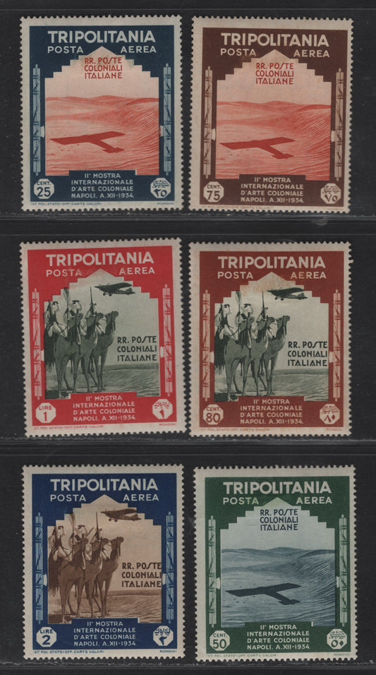 Lot 359 Tripolitania SC#C43-C48 25c-2L Slate Blue & Orange Red - Dark Blue & Brown Plane-Camel Corps, 1934 Airmail Issue, 6 Fine OG Singles