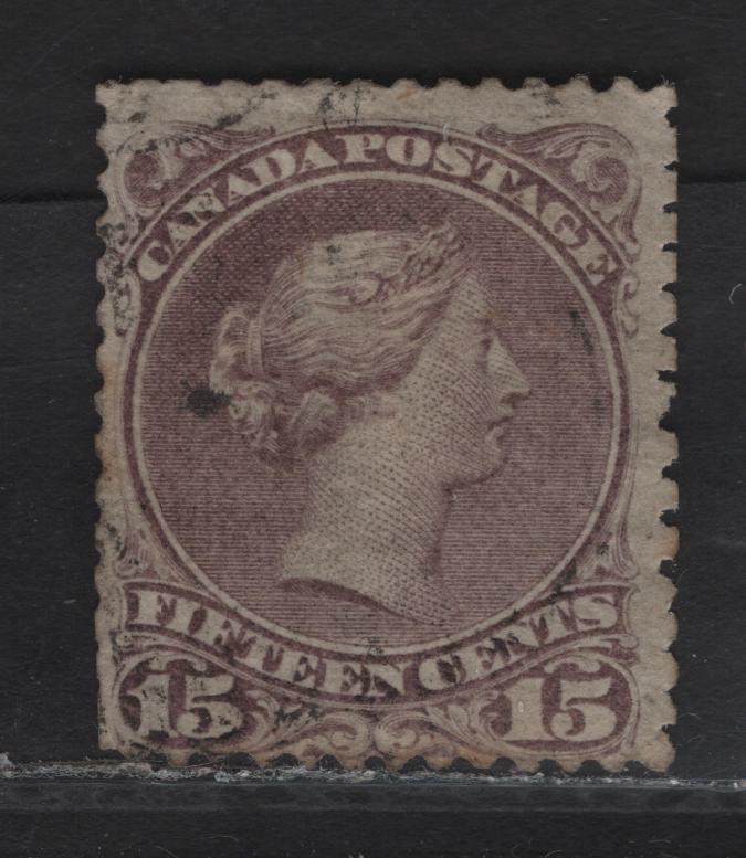 Lot 36 (C) Canada #29b 15c Red Lilac Queen Victoria, 1868-1876 Large Queen Issue, A Fair Used Single, Early Ottawa Printing, Paper FO-M (Duckworth 4), Perf 12, Extensively Re-Perforated On 3 Sides & Perfs Generally Trimmed On 2 Sides.
