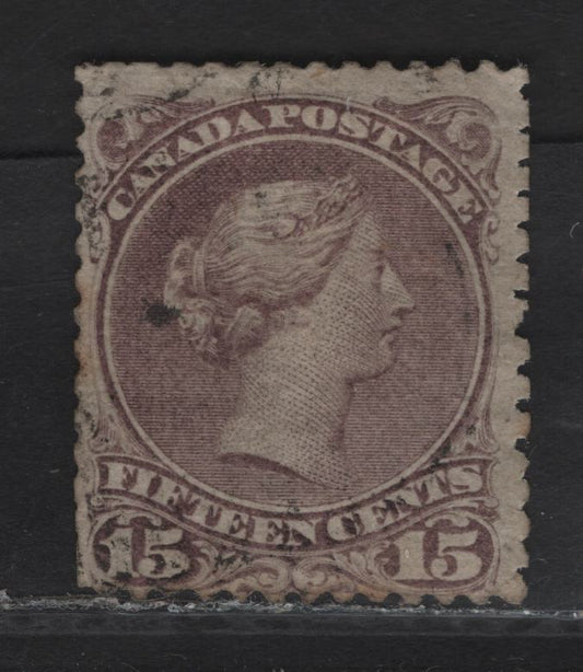 Lot 36 (C) Canada #29b 15c Red Lilac Queen Victoria, 1868-1876 Large Queen Issue, A Fair Used Single, Early Ottawa Printing, Paper FO-M (Duckworth 4), Perf 12, Extensively Re-Perforated On 3 Sides & Perfs Generally Trimmed On 2 Sides.