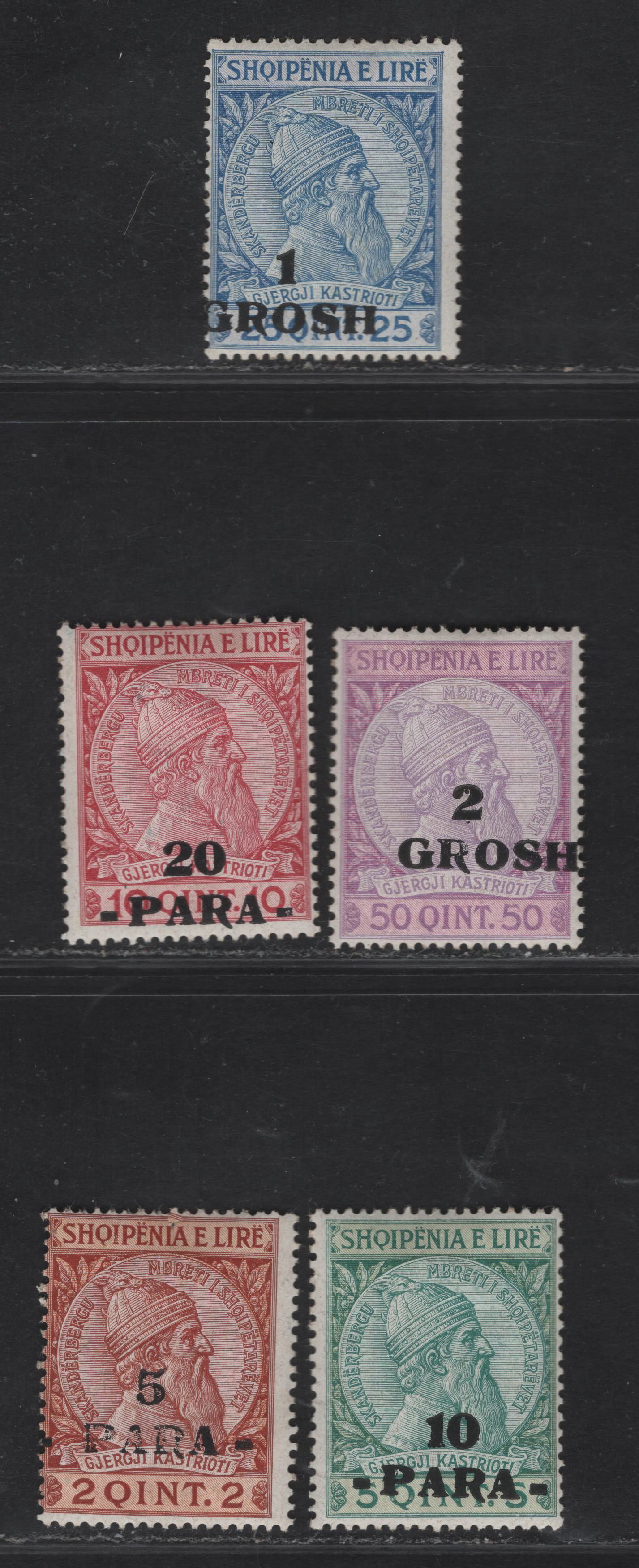 Lot 365 Albania SC#47-51 5pa on 2q-2gr on 50q Blue-Violet & Purple Skanderbeg, 1914 Surcharged Issue, 5 Fine & VFOG Singles