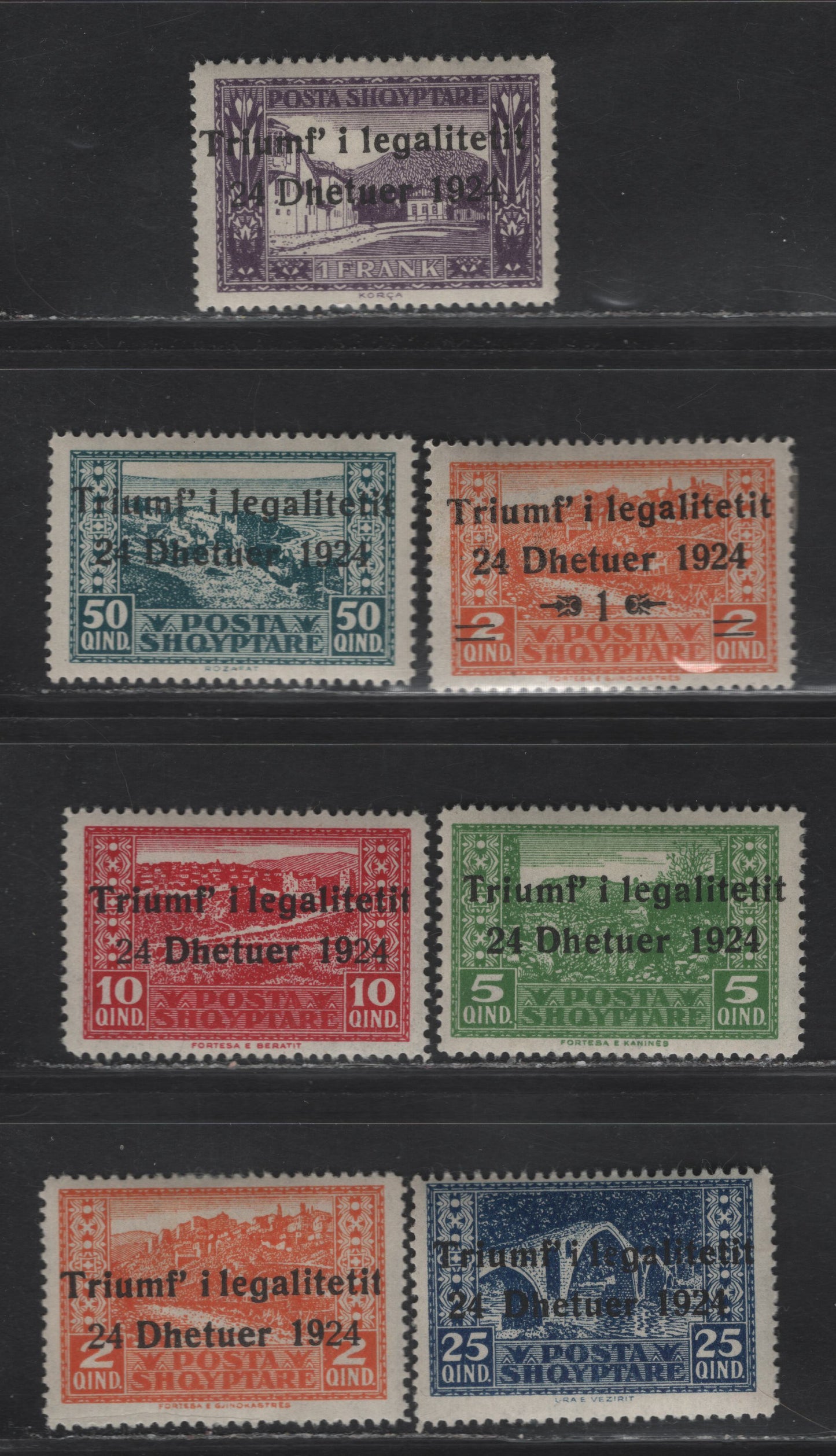 Lot 367 Albania SC#164-170 1q on 2q - 1fr  Orange-Dark Violet Various Scenes, 1924 Return Of Government to Capital, 8 Fine & VFOG Singles With Two Shades of 2q Orange