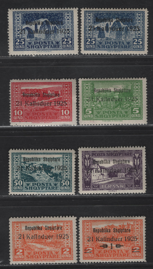 Lot 368 Albania SC#171-177 1q on 2q - 1fr  Orange-Dark Violet Various Scenes, 1925 Proclamation Of Republic, 8 Fine & VFOG Singles With Two Shades Of 25q Dark Blue
