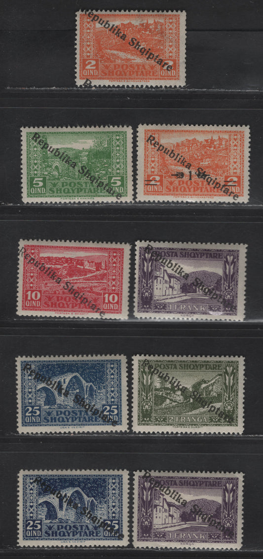 Lot 369 Albania SC#178-185 1q on 2q - 2fr  Orange-Olive Green Various Scenes, 1925 Republic Overprinted Pictorial Issue, 9 Fine & VFOG Singles With Two Shades Of 25q Dark Blue