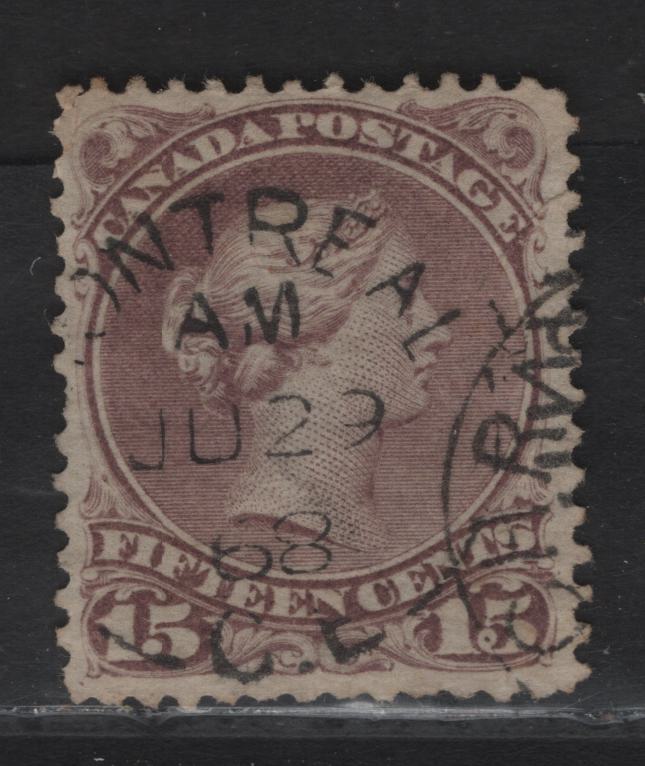 Lot 37 (C) Canada #29e 15c Red Lilac Queen Victoria, 1868-1876 Large Queen Issue, A Very Good Used Single, Paper FO-FF (Duckworth 2), Perf 12, Showing Postion Dot Under LL Scroll, Central June 29 1868 Montreal Split Ring Cancel.