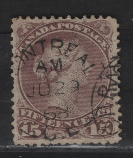 Lot 37 (C) Canada #29e 15c Red Lilac Queen Victoria, 1868-1876 Large Queen Issue, A Very Good Used Single, Paper FO-FF (Duckworth 2), Perf 12, Showing Postion Dot Under LL Scroll, Central June 29 1868 Montreal Split Ring Cancel.