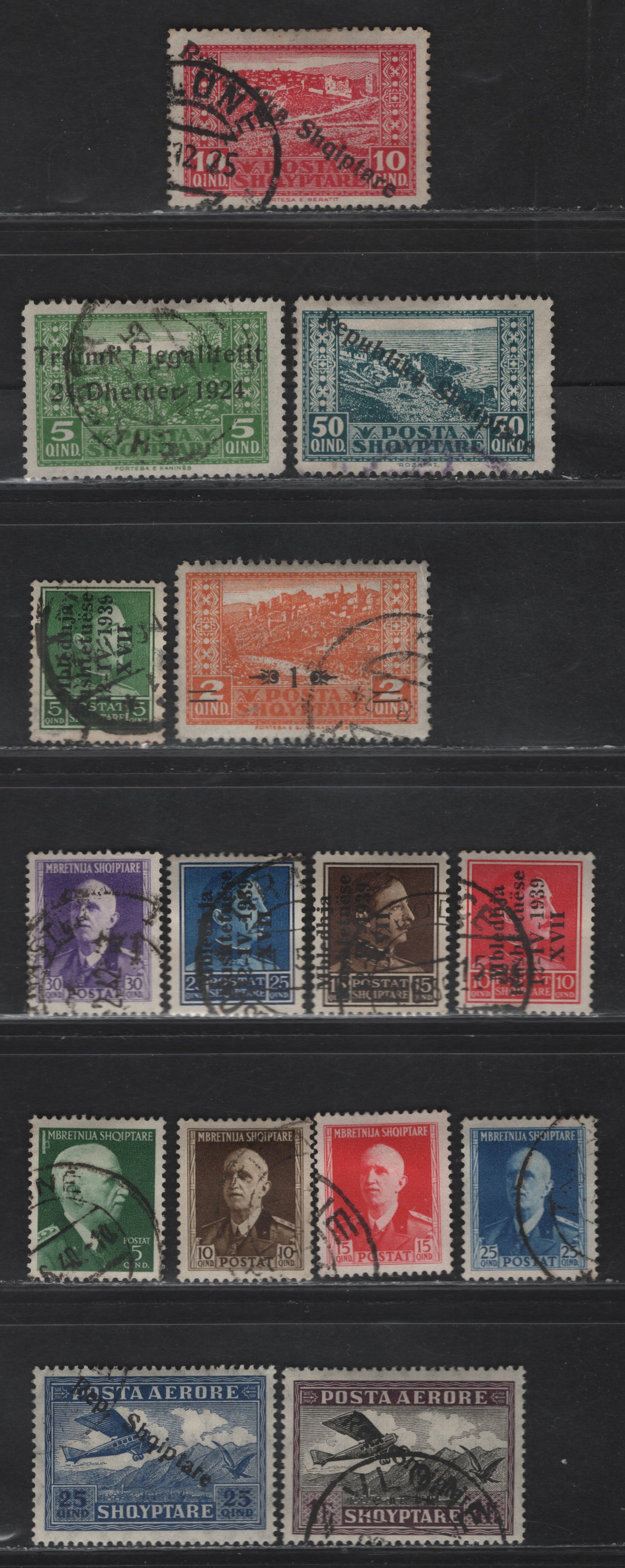 Lot 372 Albania SC#163, 166, 181, 183, 301-304, 313-317, C10, C12 1q on 2q-1fr Orange-Dark Violet & Black Gjirokaster-Aircraft, 1924-1927 Surcharge-Republic Overprinted Airmails, 15 Fine & VF Used Singles