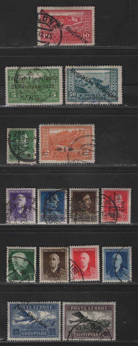 Lot 372 Albania SC#163, 166, 181, 183, 301-304, 313-317, C10, C12 1q on 2q-1fr Orange-Dark Violet & Black Gjirokaster-Aircraft, 1924-1927 Surcharge-Republic Overprinted Airmails, 15 Fine & VF Used Singles