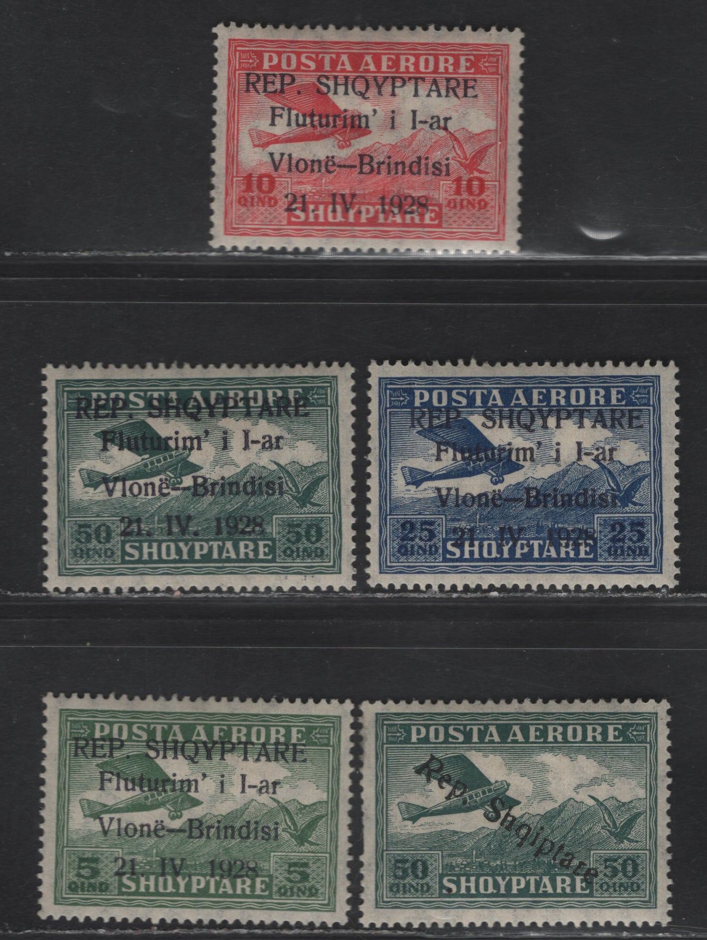 Lot 373 Albania SC#C15-C18, C11 5q-50q Green-Dark Green Aircraft, 1927-1928 Republic Overprinted Airmail Issue & First Flight Across The Atlantic Issue, 5 VFOG Singles