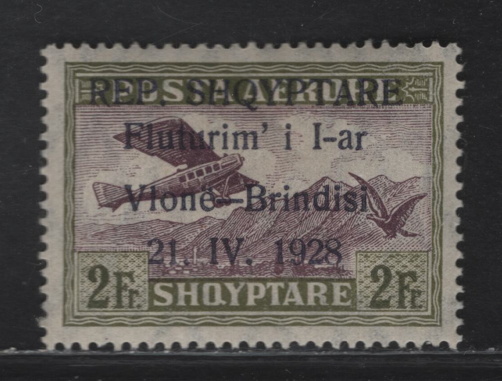 Lot 374A Albania SC#C20 2fr Olive Green & Black Aircraft, 1928 First Flight Across The Atlantic Issue, A VFOG Single
