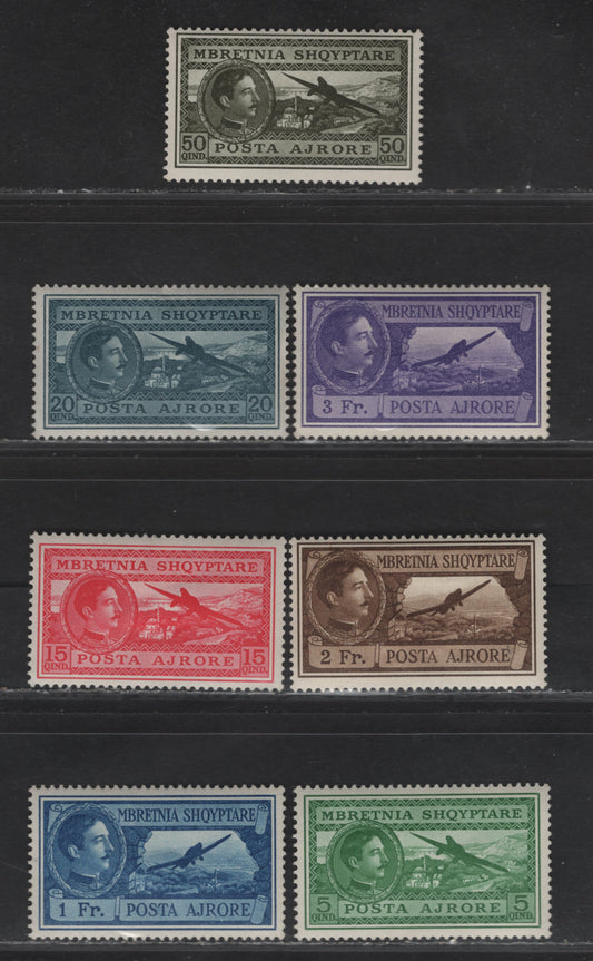 Lot 376 Albania SC#C29-C35 5q-3Fr Yellow Green-Purple King Zog & Aircraft, 1930 Airmail Issue, 7 Fine & VFOG Singles
