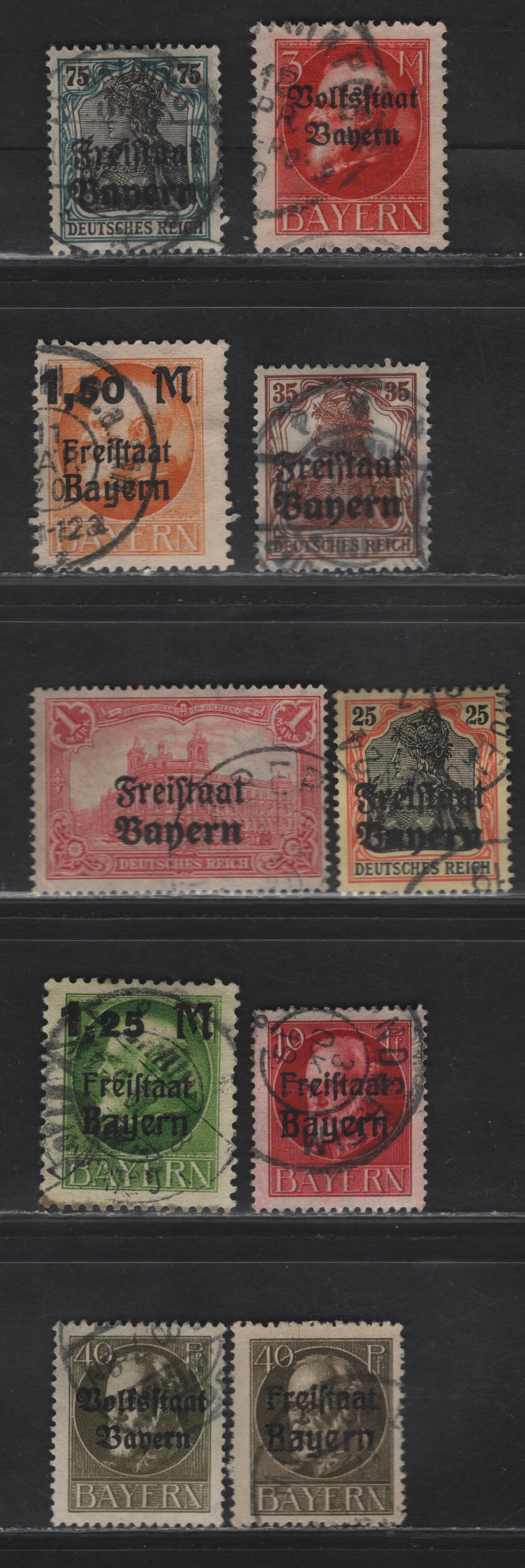 Lot 387 Bavaria SC#145, 152, 183, 184, 186, 196, 201, 231-232 40pf-1.5m on 1m Olive Green - Orange King Ludwig & Germania, 1919 Plebiscite Overprints, 10 Fine & VF Used Singles Postally Used, Can cels Appear Genuine