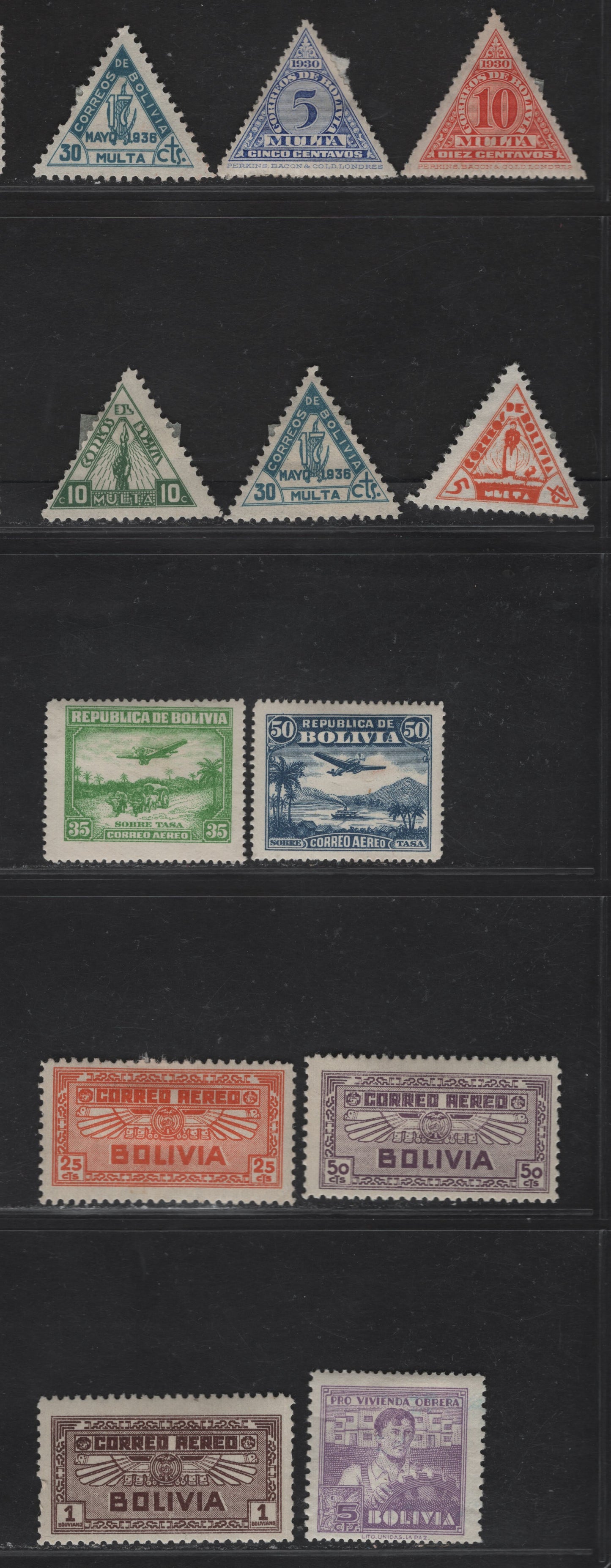 Lot 389 Bolivia SC#C30-C31, C38, C40-C41, RA1, J1-J2, J7-J9 35c-5c Yellow Green-Dull Violet Aircraft  Ov er Cart - Worker, 1930-1939 Airmail-Postal Tax Issue, 12 Fine & VFOG Singles Two Shades Of J9, J1 With Significant Crease, Not Counted