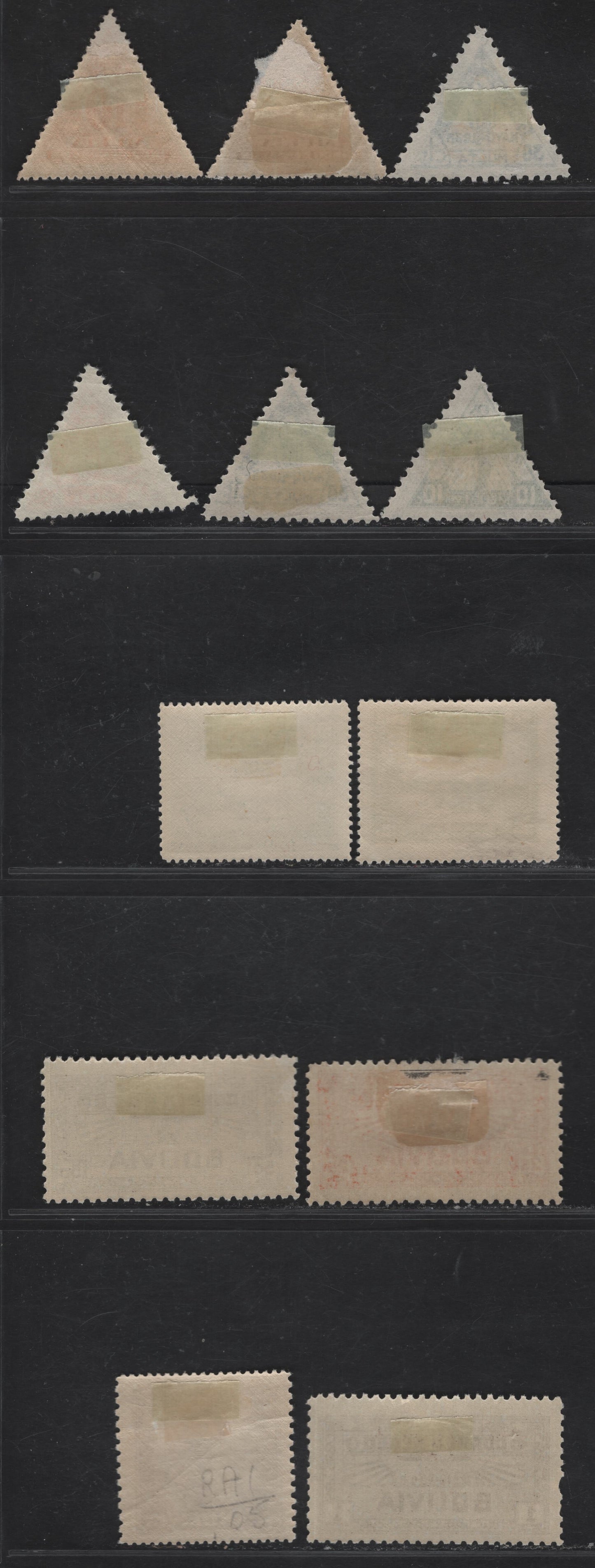 Lot 389 Bolivia SC#C30-C31, C38, C40-C41, RA1, J1-J2, J7-J9 35c-5c Yellow Green-Dull Violet Aircraft  Ov er Cart - Worker, 1930-1939 Airmail-Postal Tax Issue, 12 Fine & VFOG Singles Two Shades Of J9, J1 With Significant Crease, Not Counted