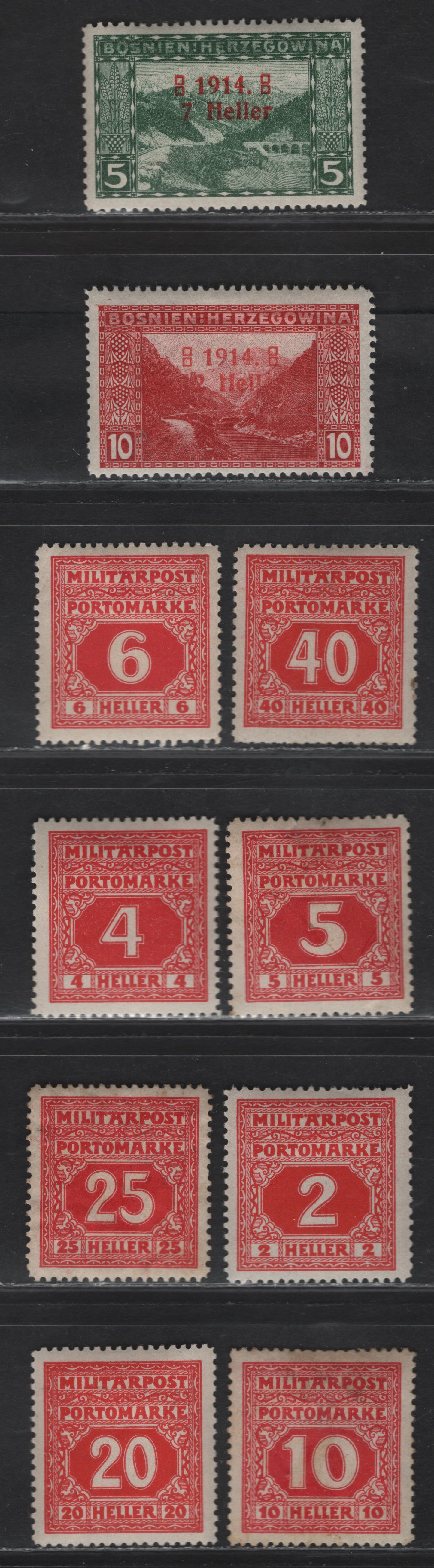 Lot 391 Bosnia & Herzegovina SC#B1a-B2a, J14-J18, J20-J21, J23 7h on 5h - 25h Green-Red Narenta Pass - Numerals, 1914-1918 Semi-Postal & Postage Due, 10 Fine & VFOG Singles Overprints Are Type 2