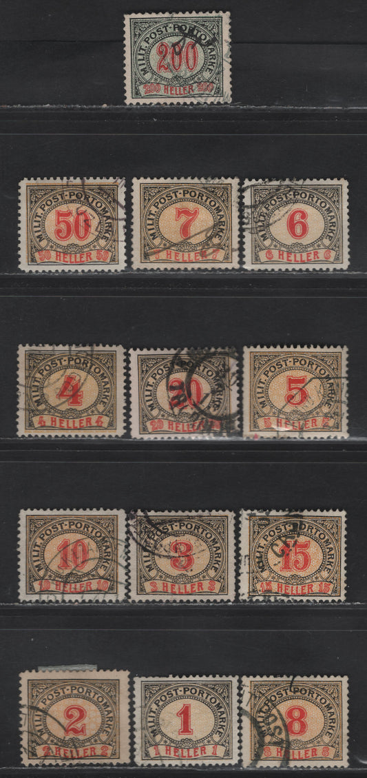 Lot 392 Bosnia & Herzegovina SC#J1-J5, J6a-J8a, J9, J10a, J11-J12, J13a 1h-200h Black, Red & Yellow - Black, Red & Green Numeral On Fancy Background, 1904 Postage Due Issue, 13 Fine & VF Used Singles Most All Perf. 12.5, 6h-8h & 200h are perf. 12.5 x 13