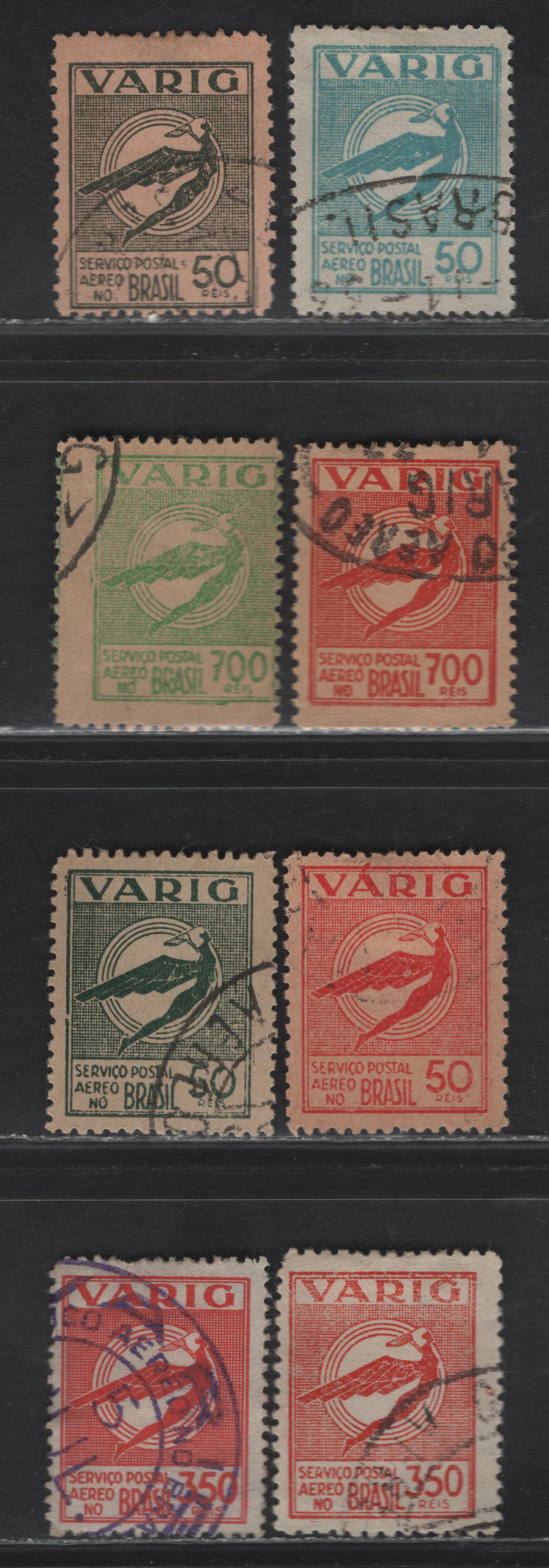 Lot 393 Brazil SC#3CL23, 3CL25, 3CL30, 3CL37, 3CL14, 3CL16, 3CL33 50r-700r Olive Green On Rose - Green on Pale Green Varig Logo, 1931-1934 Varig Semi-Official Airmail Issues, 8 Fine & VF Used Singles