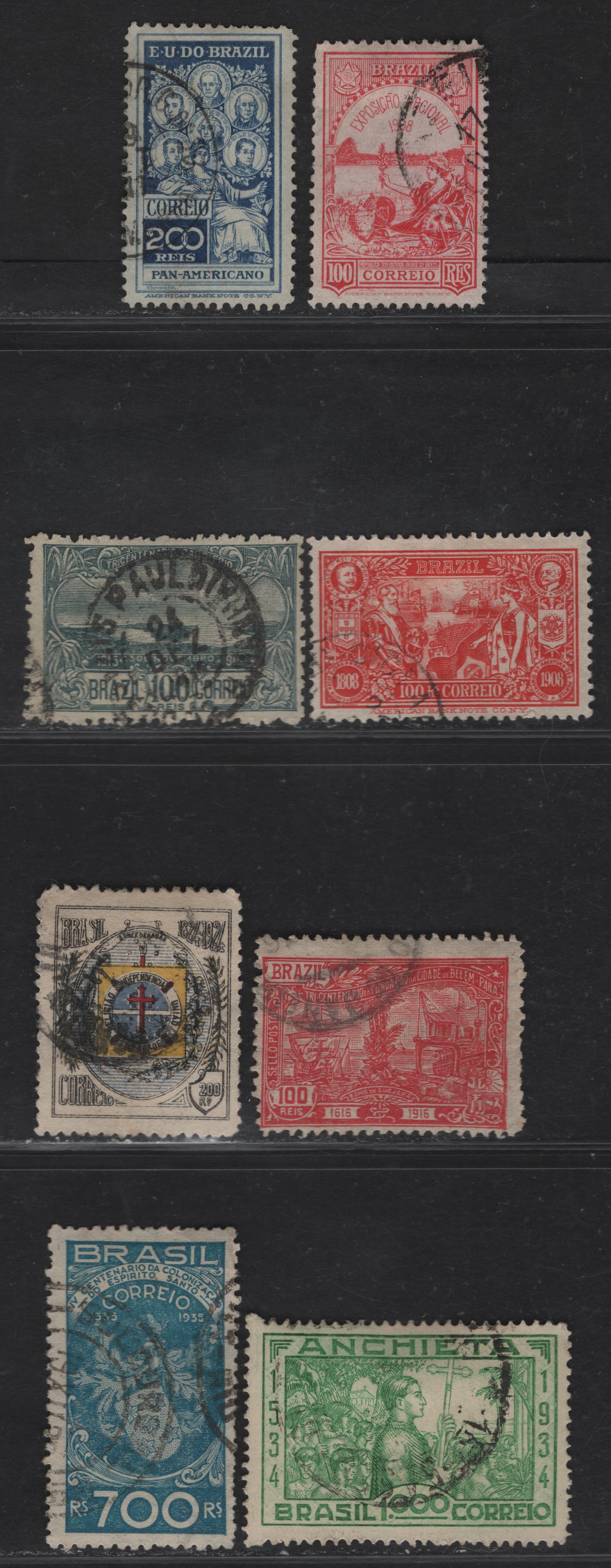 Lot 395 Brazil SC#195-196, 272, 189-191, 413, 397 100r-1000r  Carmine-Light Green Allegorical Figures-Arms, 1908-1935 National Exhibition-Establishment Of First Portuguese Colony, 8 Fine & VF Used Singles