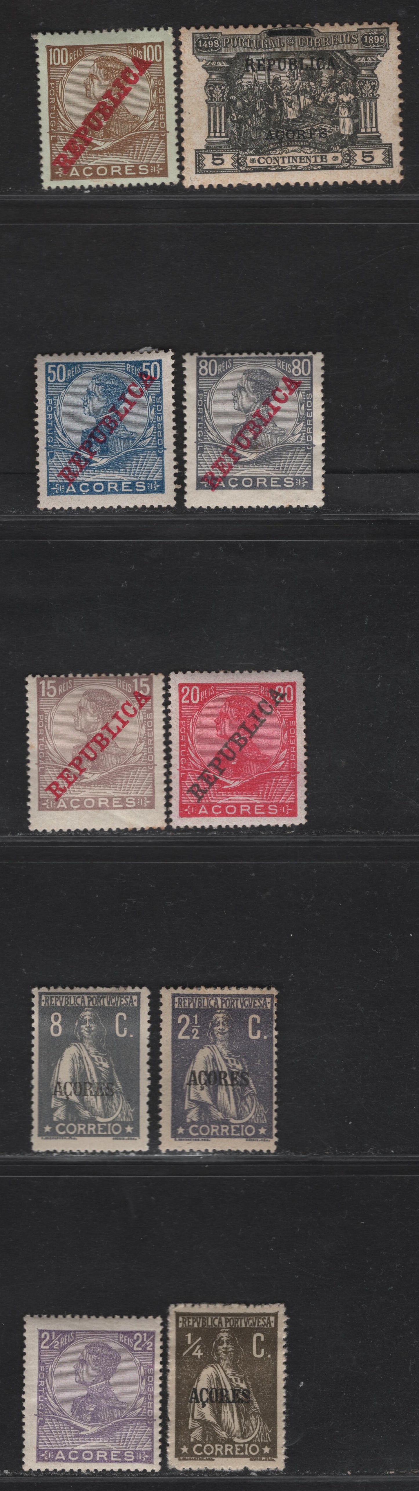 Lot 400 Azores SC#112, 149, 173, 181, 190, 129-130, 132, 134, 135 2.5r-8c  Violet-Slate King Manuel II-Ceres, 1910-1921 King Manuel II Keyplates - Ceres Keyplates, 10 Fine & VFOG Singles