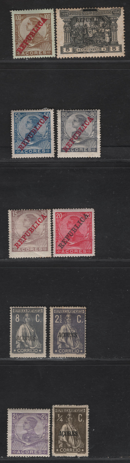 Lot 400 Azores SC#112, 149, 173, 181, 190, 129-130, 132, 134, 135 2.5r-8c  Violet-Slate King Manuel II-Ceres, 1910-1921 King Manuel II Keyplates - Ceres Keyplates, 10 Fine & VFOG Singles