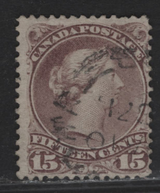 Lot 40 (C) Canada #29b 15c Deep Grayish Purple Queen Victoria, 1868-1876 Large Queen Issue, A Very Good Used Single, Paper FO-BB (Duckworth 10), Small Tear On The Right Side In The Center Of The Medallion