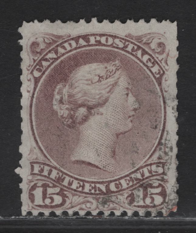 Lot 41 (C) Canada #29v 15c Grayish Purple Queen Victoria, 1868-1876 Large Queen Issue, A Fair Used Single, Paper FO-Y (Duckworth 6 - Bothwell), Perf 12.15x12, Short Perfs, Possibly Reperfed On Both Sides.