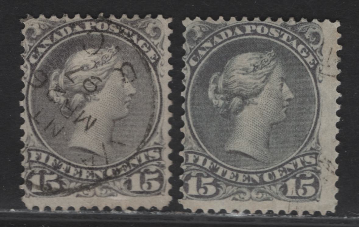 Lot 42 (C) Canada #30 15c Bluish Gray & Gray Queen Victoria, 1868-1876 Large Queen Issue, 2 Fine Used Singles, Late Second Ottawa Printings, Papers SO-JJ & SO-KK, Perf 12.2x12.1.