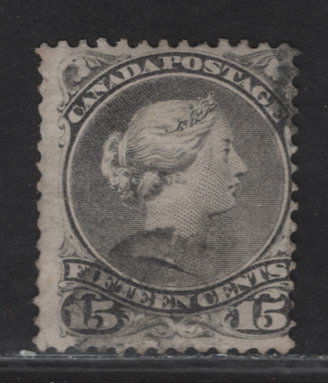 Lot 43 (C) Canada #30a 15c Deep Gray Queen Victoria, 1868-1876 Large Queen Issue, A Fair Used Single, Mid Montreal Printing, Paper FO-UI (Duckworth 10), Perf 11.75x12.1, Tiny Margin Split In UL Corner.