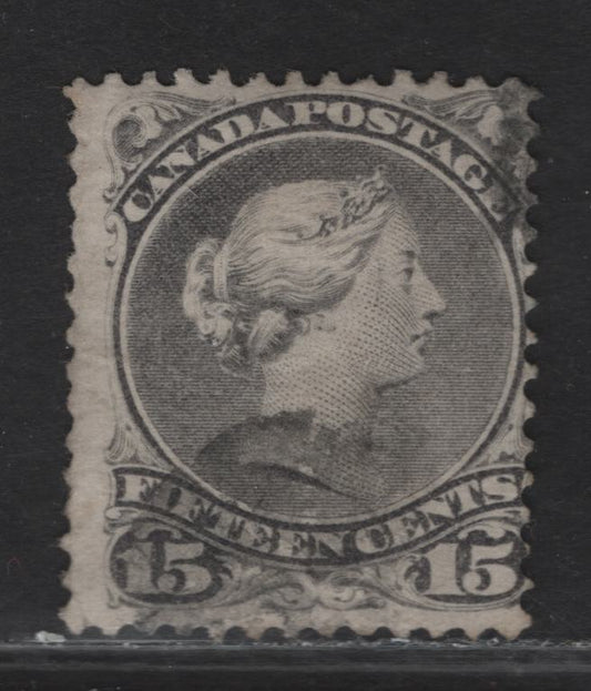 Lot 43 (C) Canada #30a 15c Deep Gray Queen Victoria, 1868-1876 Large Queen Issue, A Fair Used Single, Mid Montreal Printing, Paper FO-UI (Duckworth 10), Perf 11.75x12.1, Tiny Margin Split In UL Corner.
