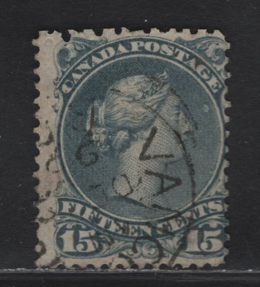 Lot 48 (C) Canada #30i 15c Slate Queen Victoria, 1868-1876 Large Queen Issue, A Good Used Single, Mid Second Ottawa Printing, Paper SO-KK, Perf 12.1, Appears To Be Double Perforated In Top Margin.