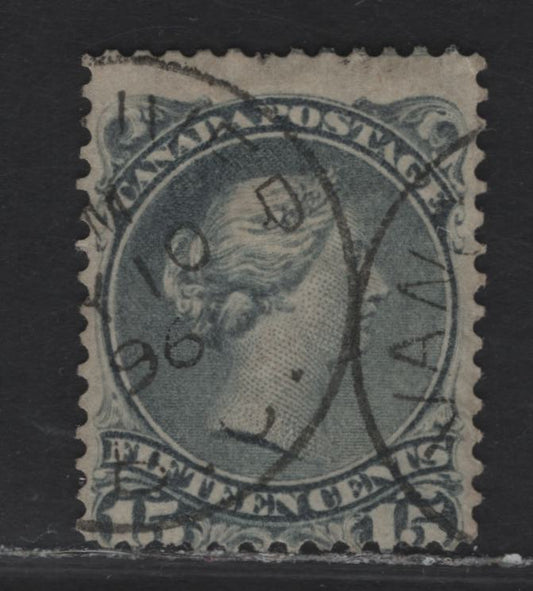 Lot 51 (C) Canada #30i 15c Slate Gray Queen Victoria, 1868-1876 Large Queen Issue, A Very Good Used Single, Late Second Ottawa Printing, Paper SO-KK, Perf 12.1, July 1896 Vancouver CDS Cancel.