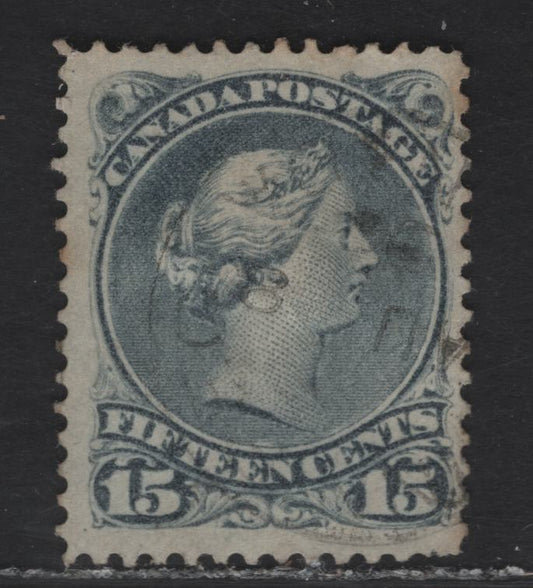 Lot 52 (C) Canada #30i 15c Bluish Slate Gray Queen Victoria, 1868-1876 Large Queen Issue, A Fine Used Single, Late Second Ottawa Printing, Paper SO-JJ, Perf 12.1, Showing Guide Dot At LL.