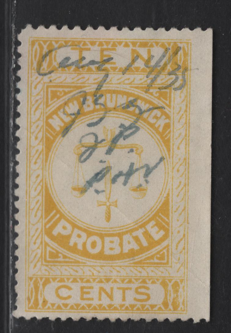 Lot 53 New Brunswick Van Dam#NBP7 10c Yellow Probate, 1915 Redrawn Probate Issue, A Fine Used Single, Perf 12, Light Diagonal Crease