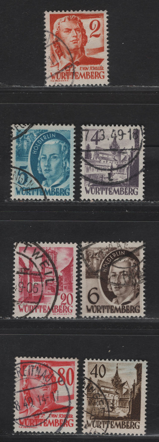 Lot 55 Germany - French Zone - Wurttemburg SC#8N28-8N31, 8N34-8N36 2pf - 80pf Light Brown Orange - Carmine Schiller, 1948-1949 Pictorial Issue, 7 Fine/Very Fine Used Singles, Without 'PF', Key Value (40pf) Having A Schlegel BPP Guarantee Handstamp