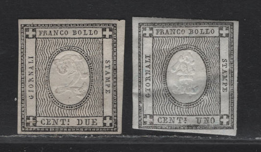 Lot 58 Sardinia SC#P1, P2 1c - 2c Black Numeral, 1861 Newspaper Issue, 2 FOG & Unused Singles, 1c Has Gum, 2c Without Gum