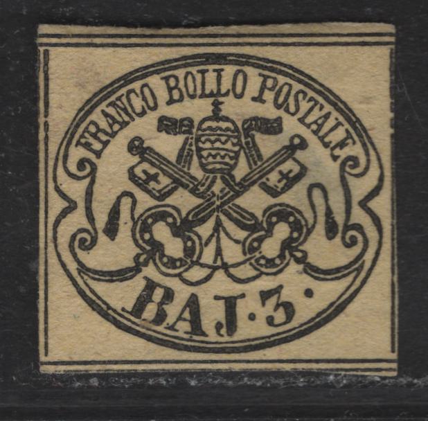 Lot 59 Roman States SC#4c 3b Black on Yellow Papal Arms, 1852 Imperf Arms Issue, A Very Good Unused Imperf Single, VF Appearing Example, Possesses All 12 Characteristics of The Genuine Stamp, No Gum & Moderate Hinge Thin.