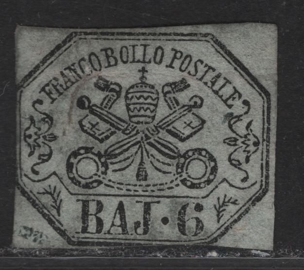 Lot 60 Roman States SC#7 6b Black on Greenish Gray Papal Arms, 1852 Imperf Arms Issue, A Very Good Unused Imperf Single, Just Touching On 2Sides, Light Horizontal Crease At Top, Posesses All 13 Characteristics of The Genuine Stamp.