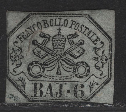 Lot 60 Roman States SC#7 6b Black on Greenish Gray Papal Arms, 1852 Imperf Arms Issue, A Very Good Unused Imperf Single, Just Touching On 2Sides, Light Horizontal Crease At Top, Posesses All 13 Characteristics of The Genuine Stamp.