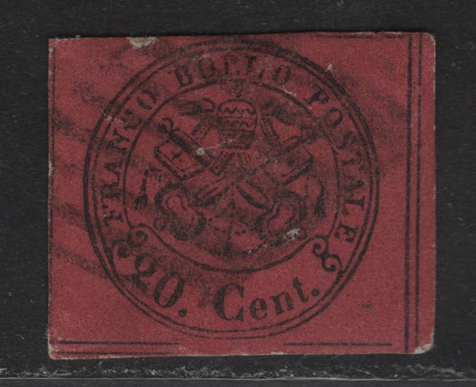 Lot 61 Roman States SC#16 20c Black Papal Arms, 1852 Imperf Arms Issue, A Very Fine Used Imperf Single, Unglazed Copper Red Paper, Showing Horizontal Dividing Line Broken At Right, But Continuous At Lower Left.