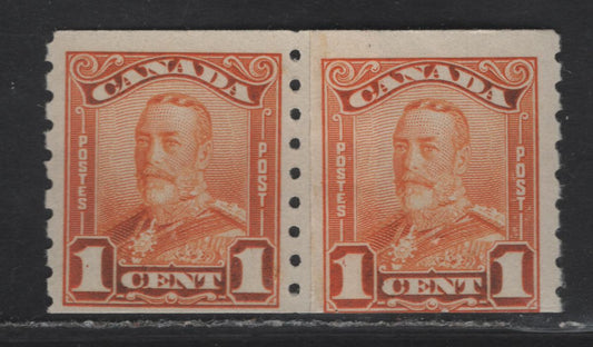 Lot 64 (C)Canada #160i 1c Orange King George V, 1929 KGV Scroll Coil Issue, A FOG Paste-Up Pair, Paper ABN-M