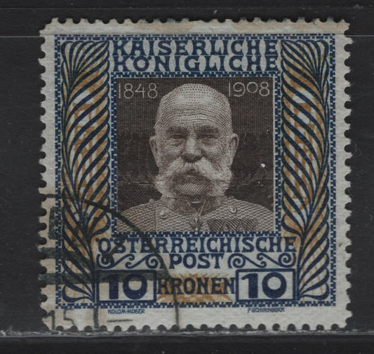 Lot 65 Austria SC#127 10k Blue, Bistre & Deep Brown Franz Josef, 1908 Royal Family Issue, A Very Fine Used Single