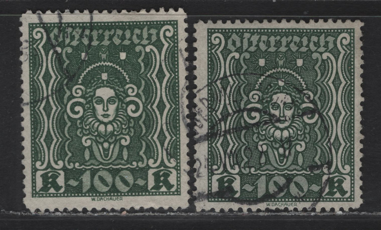 Lot 66 Austria SC#291d-e 100k Green & Deep Green Symbol of Art & Science, 1922-1924 Symbol of Art & Science Issue, 2 Very Fine Used Singles, 25x29.5mm Design